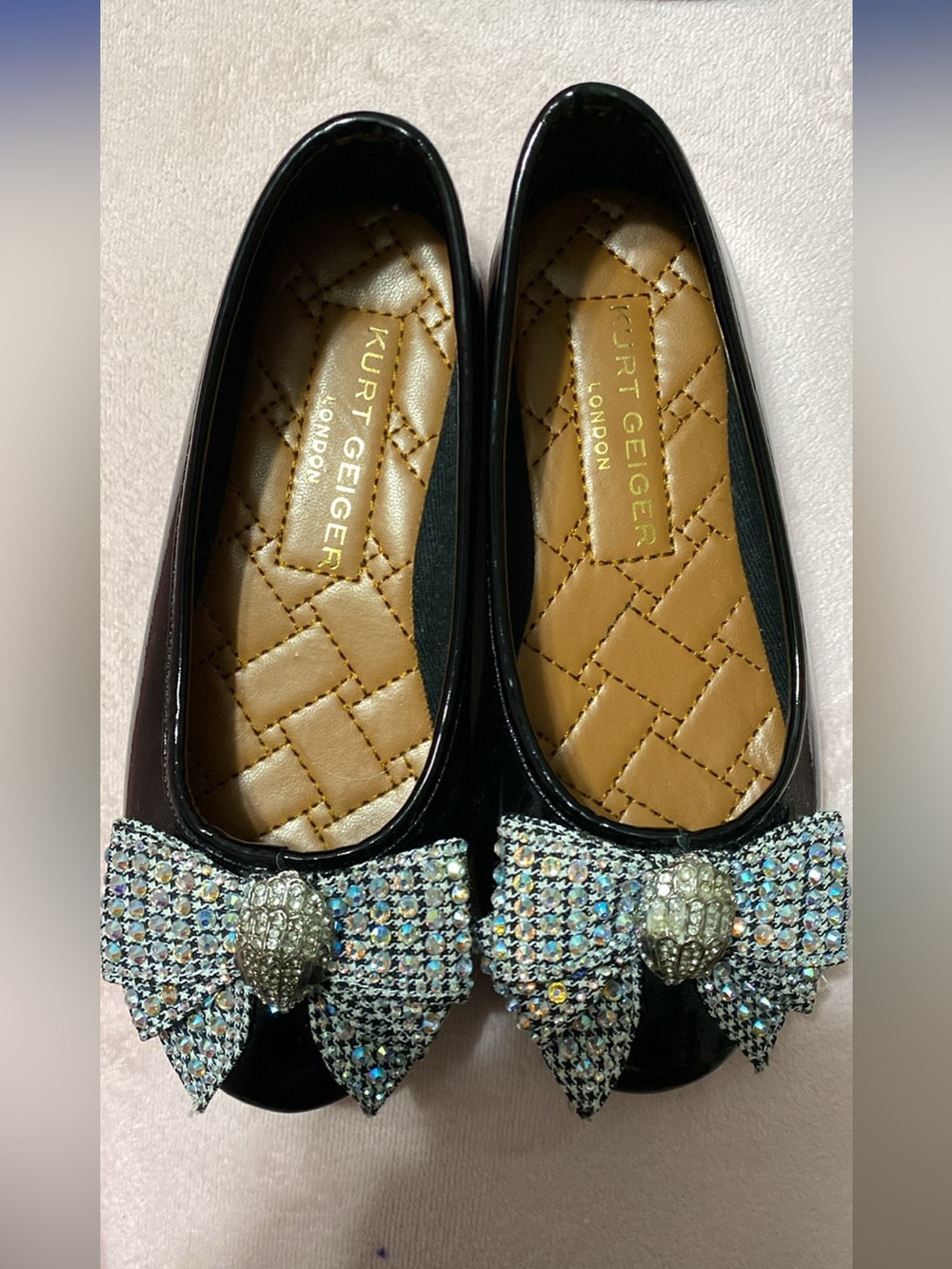 Kurt Geiger Black Patent Ballet Flats with Crystal Bow Accents